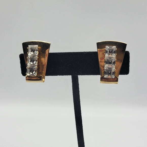 Vintage goldtone art deco clip on CZ earrings - Picture 2 of 8